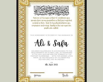 Certificat de luxe Nikkah A4, contrat de mariage islamique A4 haut de gamme, Nikkah Nama, certificat de mariage musulman, noms personnalisés, versets du Coran