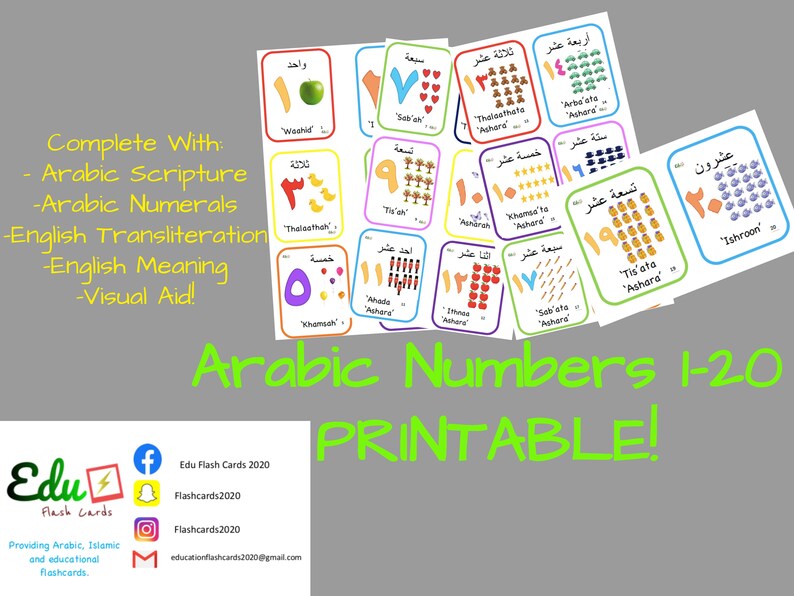 printable arabic flashcards numbers 1 20 etsy