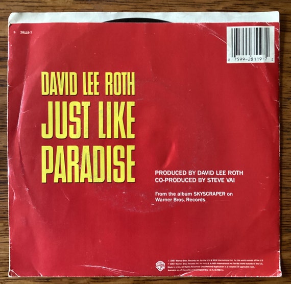 David Lee Roth Just Like Paradise B/W the Bottom Line Vinyl 45 RPM