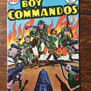 May include: A comic book cover featuring a group of young boys dressed as soldiers, holding guns and standing in front of a fiery background. The cover is titled "Boy Commandos" and is a Simon and Kirby special. The comic book is from October 1963 and costs 20 cents.