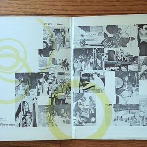 May include: A black and white photo album with a yellow and white swirl design on the cover. The album features photos of a band performing on stage and in the studio. The album cover includes the text "Aluma" and "62 1003 Stereo".