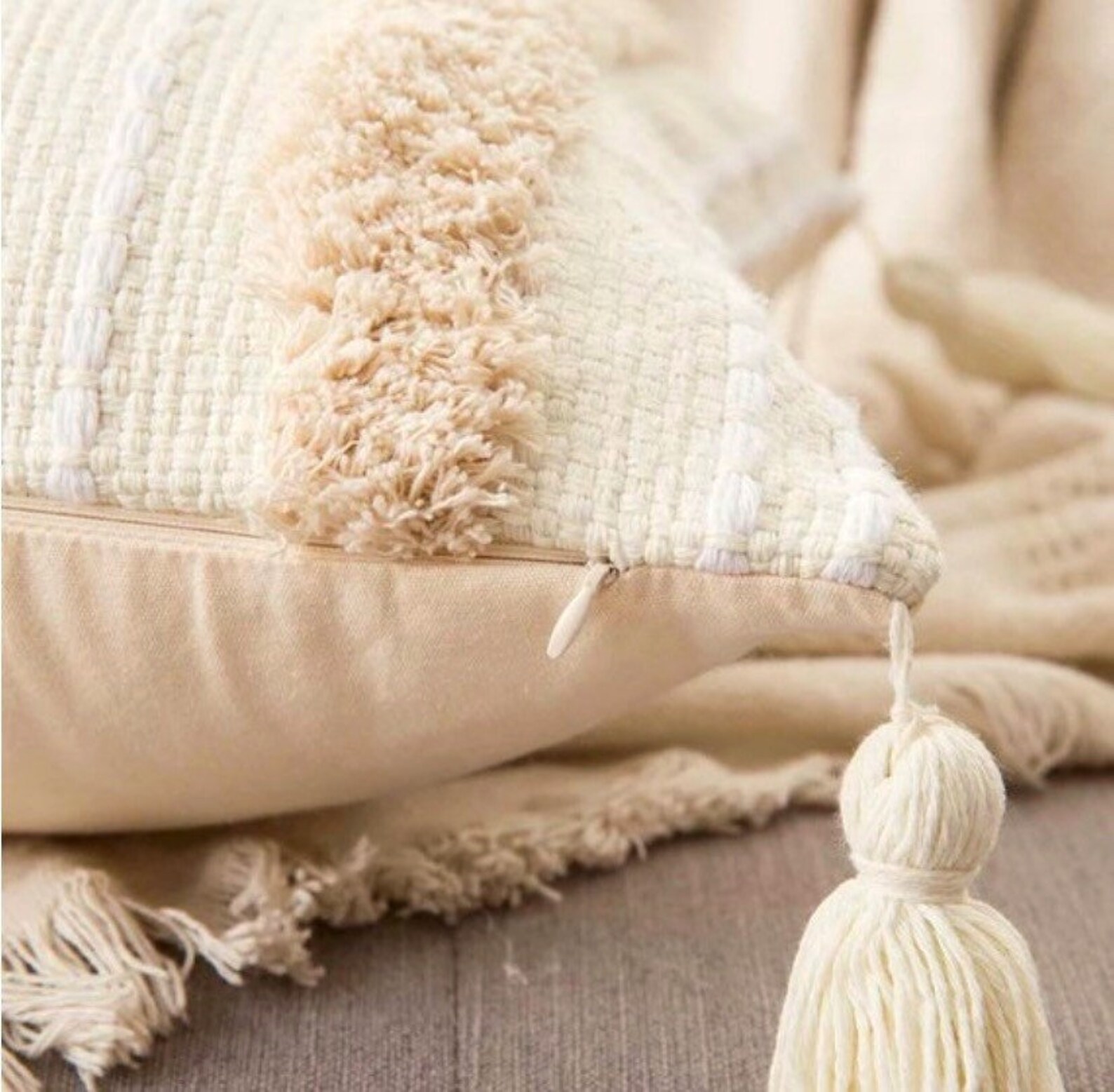 Tufted Macrame Cushion Cover Cream Stripe Pattern. Etsy UK