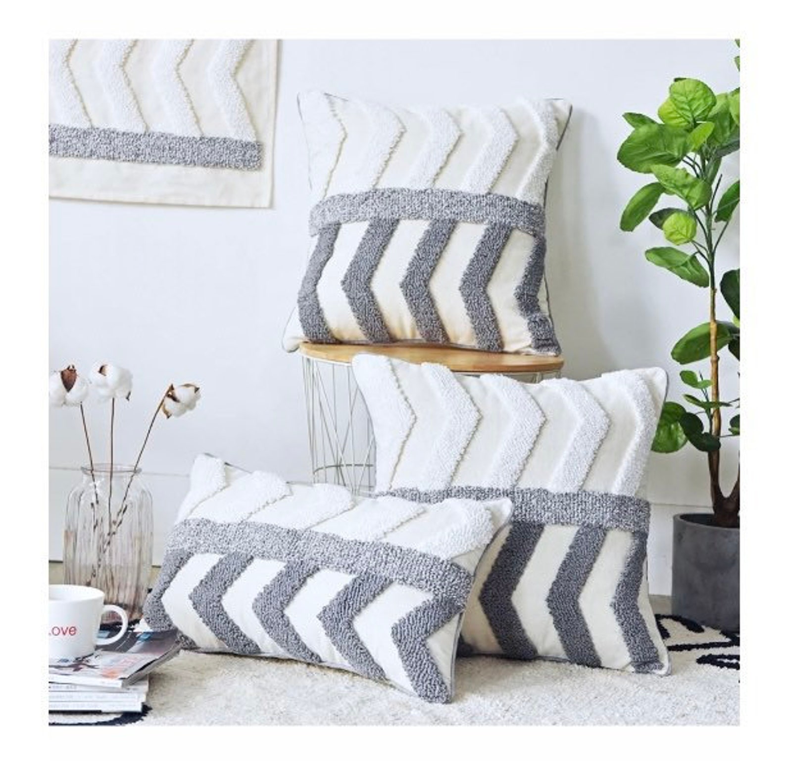 Tufted Cushion cover Grey zigzag geometric pattern white Etsy