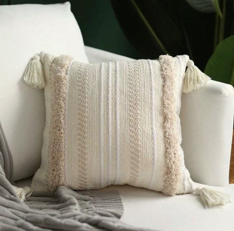 Tufted Macrame Cushion cover Cream stripe pattern. Etsy