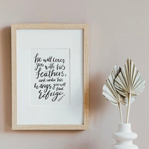 Psalmen 91:4 onder zijn vleugels vindt u onderdak - Bijbel vers wall art print, christelijke prints home decor print, christelijke wenskaarten