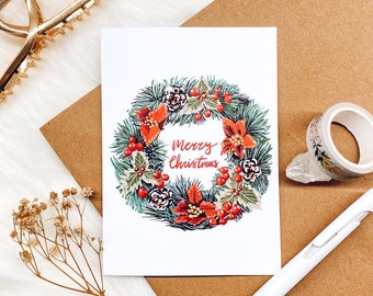 Wreath Christmas card | Envelope included | Christmas Holidays greeting cards | seasonal Winter Holiday Gift Bundle set 4” x 5.6”