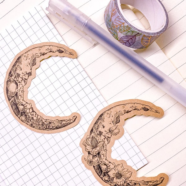 Celestial crescent moon sticker - Bullet Journal moon sticker, space sticker, floral crescent moon, Kraft brown, minimalistic sticker