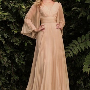 Beautiful Pleated Long sleeve Maxi dress Champagne color-HOT SELLER