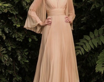 Schöne Plissee Langarm-Maxi-Kleid Farbe Champagne-HOT SELLER