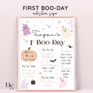 Editable Girl&#39;s First Boo-Day Milestone Board, First Birthday Party Sign, Digital Milestone Board Template, Baby Girl&#39;s First Birthday