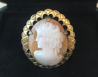 Spilla antica vittoriana in oro laminato: cammeo in conchiglia italiana intagliata