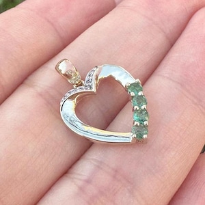 Vintage 14K Gold Emerald Diamond Heart Pendant - May Birthstone