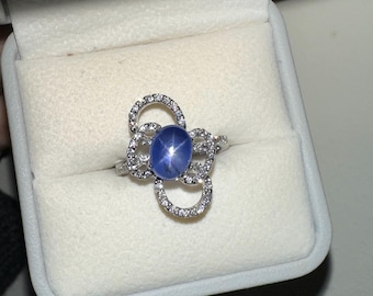 18K White Gold 3.67ct Natural Burma Blue Star Sapphire Diamond Ring