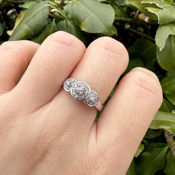 Vintage 14K White Gold Diamond Halo Ring: Three Stone Engagement Ring, US Size 6