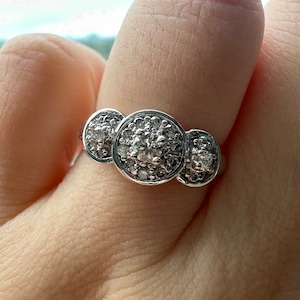 Vintage 14K White Gold Diamond Halo Ring: Three Stone Engagement Ring, US Size 6
