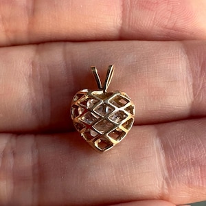 Vintage 10K Yellow Gold Caged Heart Pendant, Small Cubic Zirconia Heart Charm, Heart Diamond Pendant, Fine Estate Jewelry, Gift For Her