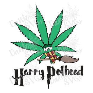May include: A green marijuana leaf with a face and a red and yellow scarf, holding a brown broom. The text "Harry Pothead" is below the leaf.