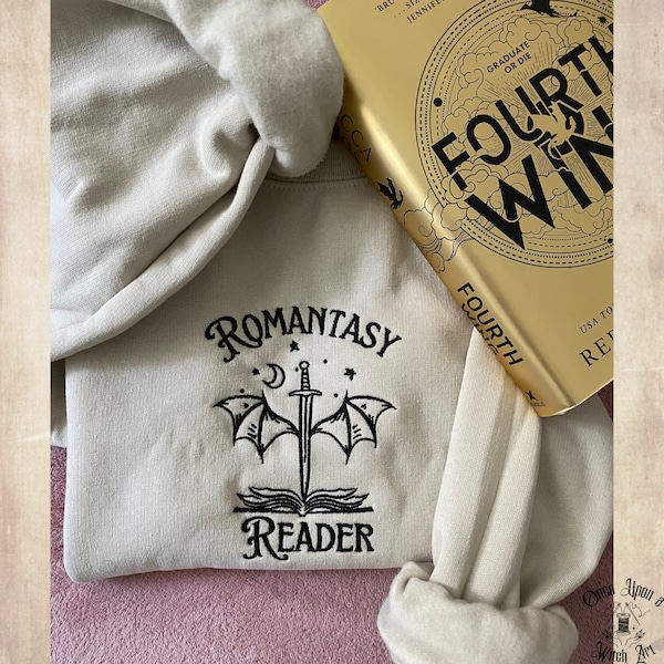 Romantasy Reader Bookish embroidered sweatshirt, Fantasy Book Lover sweater, Dragon reading era Fourth Wing, SJM TOG ACOTAR Bat Boys merch