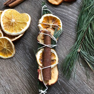 May include: Aromatic arrangement featuring dried orange and apple slices, a cinnamon stick, and evergreen sprigs, bound with twine. Additional cinnamon sticks and dried fruit are scattered around. The composition is set against a wood-grain surface.