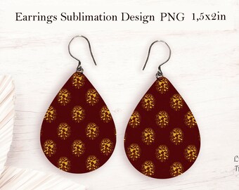Gold Christmas cones purple background teardrop sublimation earrings design png, Digital art, Instant download