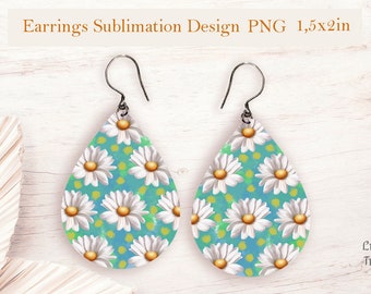 Daisies teardrop sublimation earrings design png, Digital art, Instant download