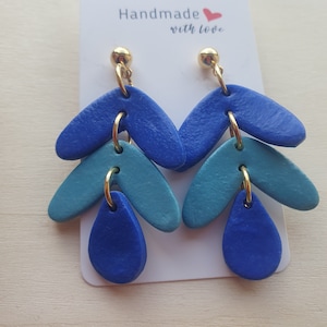 2 shade elegant blue earrings ; handmade lightweight polymer clay dangles