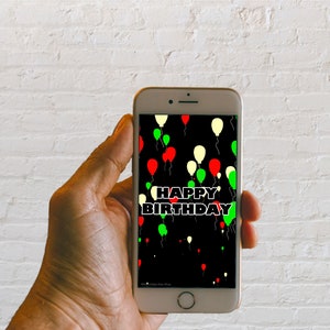 Geanimeerde eCard Happy Birthday wensen voor hem ballonnen | Online verzenden naar mobiel en e-mail| Leuke elektronische verjaardagskaart Groet