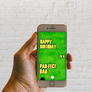 Geanimeerde eCard Golf Happy Birthday wenst vader en echtgenoot| Online verzenden naar mobiel en e-mail| Leuke elektronische verjaardagskaart Groet