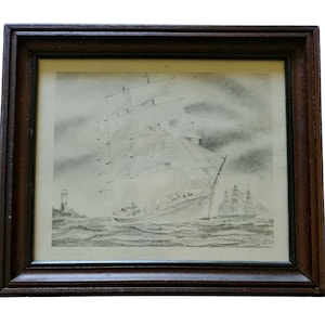 Framed Print Clipper Ships and Lighthouse Scene Pencil Drawing 12&quot; x 14&quot; Glass