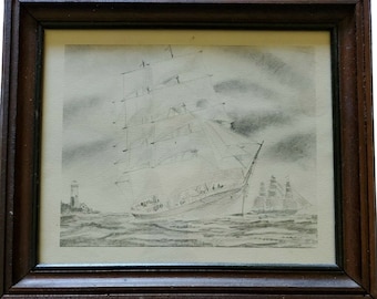 Framed Print Clipper Ships and Lighthouse Scene Pencil Drawing 12" x 14" Glass