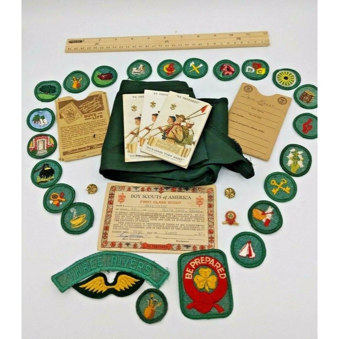 Vintage BSA Scout Patches Cards Pins 1940s Tie Clip Large Lot Sash Girl ...
