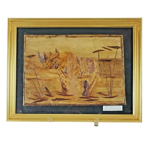 Vintage Kenya Africa Banana Fiber Leaf Mosaic Art, Rhinoceros 14