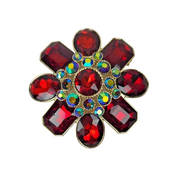 Vintage Signed MONET Gold Tone Rhinestone Flower Pin Large Brooch Red AB