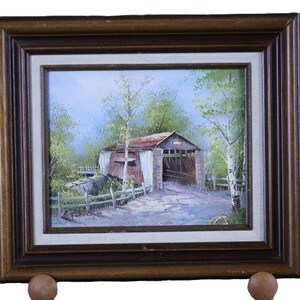 Covered Bridge Oil Painting Mid Century Frame Original Signed by Forrestor 15x13