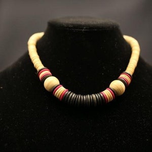 Vintage Wood Bead Choker with Large Round Beads and Discs, Red, Black, & Blonde