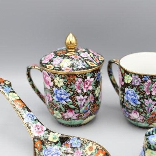 Hand Painted Chinese Floral Ceramic Coffee Mug Creamer Spoon Rest Bell buy Black