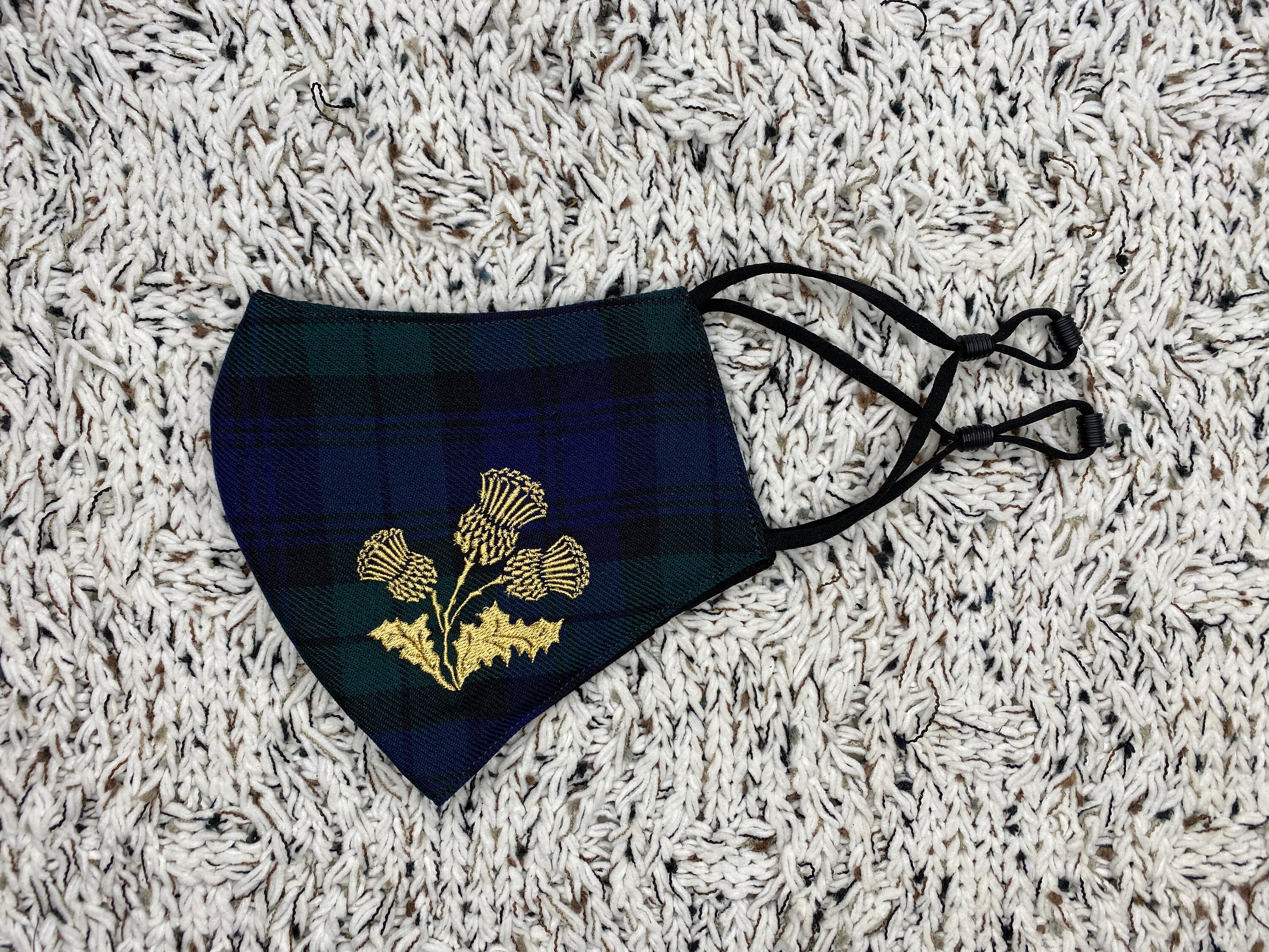 Embroidered Scottish Thistle Gold Thread Handmade Tartan Facemask