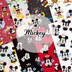 Puede incluir: Ocho diseños de papel digital con Mickey Mouse en varias poses y expresiones. Los papeles tienen diferentes fondos, incluyendo rojo con estrellas blancas, negro con lunares blancos y blanco con lunares negros. El texto "Mickey 8 papers jpg" está en el centro de la imagen.
