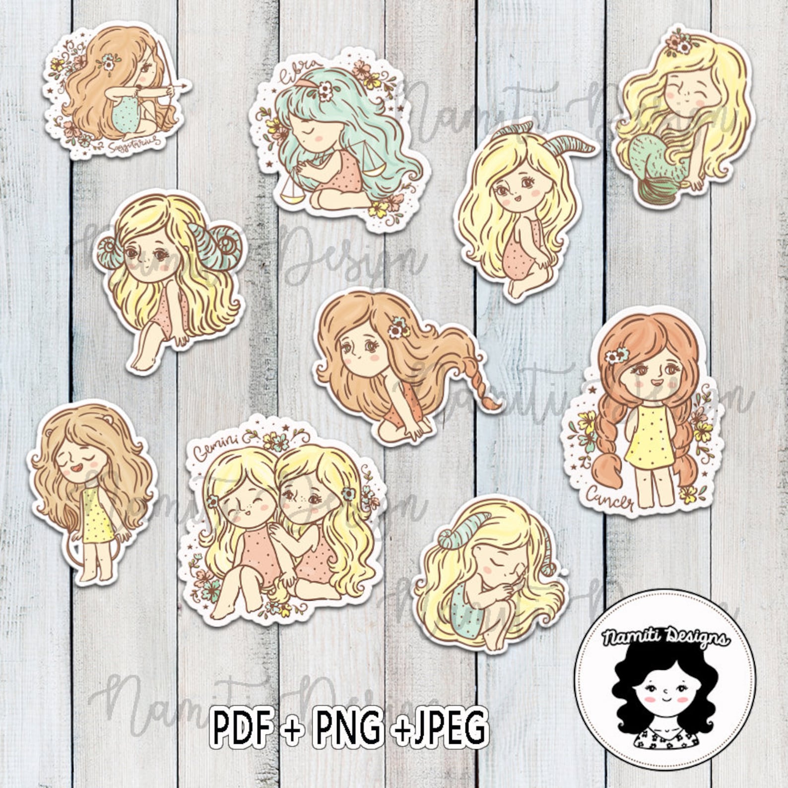 girls zodiac planners stickers printable pdf jpeg png etsy