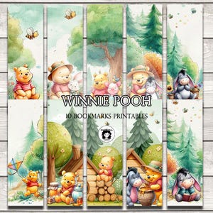 Printable Bookmarks with 10 Winnie Pooh Bear Characters Bookmark Set Digital Download JPG PNG PDF Cute Bookmark Set