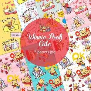 Puede incluir: Un conjunto de siete papeles digitales con Winnie de Pooh y Piglet en varias poses. Los papeles tienen una variedad de fondos, incluyendo rosa, azul y amarillo. Los papeles son perfectos para scrapbooking, creación de tarjetas y otros proyectos de manualidades.