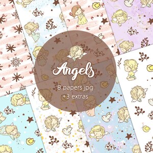 Puede incluir: Un conjunto de ocho papeles digitales con adorables ángeles de dibujos animados con alas, flores, estrellas y pájaros. Los papeles son de varios colores, incluyendo rosa, azul, blanco y marrón. El texto "Angels 8 papers jpg +3 extras" está en el centro de la imagen.