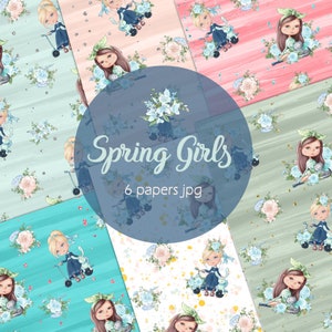 Puede incluir: Seis diseños de papel digital con ilustraciones de chicas con detalles florales y colores pastel. Los papeles se titulan "Spring Girls 6 papers jpg".