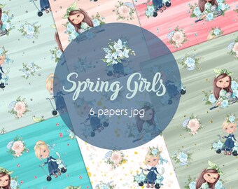 Puede incluir: Seis diseños de papel digital con ilustraciones de chicas con detalles florales y colores pastel. Los papeles se titulan "Spring Girls 6 papers jpg".