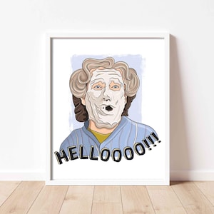 Mrs. Doubtfire Hello! Poster | Original Illustration | Multiple Sizes | Robin Williams Fan Art | Funny Art Print Wall Decor
