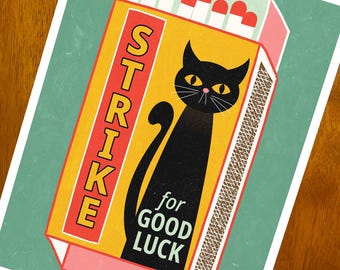 Vintage Black Cat Matchbook Art Print – “Strike for Good Luck” | Multiple / Custom Sizes Available