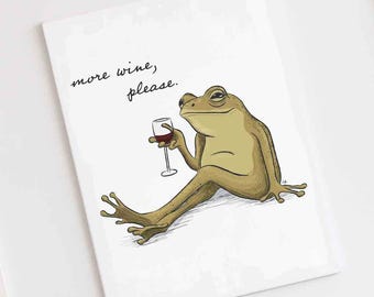 Frog Art Print – 'More Wine, Please' Quote | Vintage Frog Bar Cart Decor