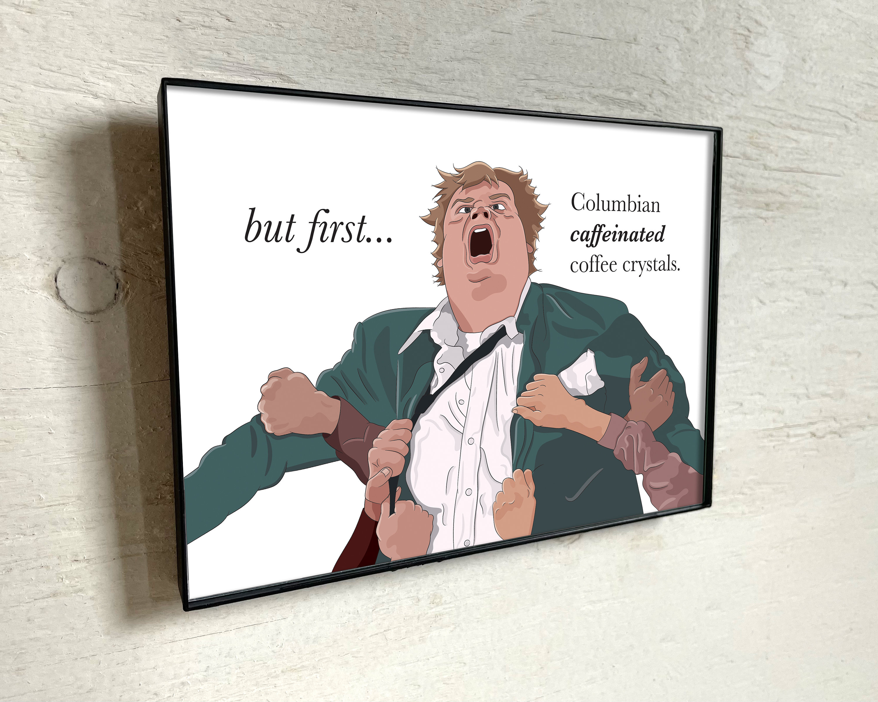 Art print featuring Chris Farley with the text Columbian Coffee Crystals, styled like a vintage advertisement