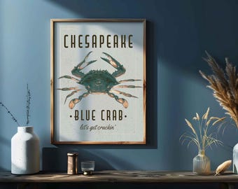 Chesapeake Blue Crab Art Print - Vintage Nautical Wall Decor - Multiple / Custom Sizes