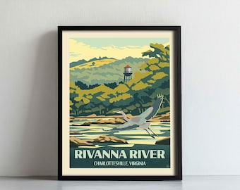 Rivanna River Print - Charlottesville Virginia / Blue Ridge Mountains Poster, Blue Heron Wall Art, UVA Graduation Gift